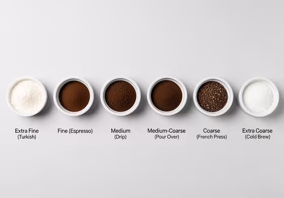 A visual guide showing different coffee grind sizes, from extra fine powder to extra coarse chunks, labeled for different brewing methods.