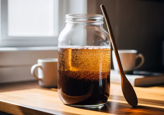 A large glass mason jar filled with coarse coffee grounds steeping in water to make cold brew concentrate.