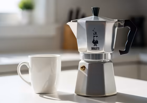 A large 12-cup Bialetti moka pot standing next to a standard 8-ounce coffee mug to show the scale and size difference.