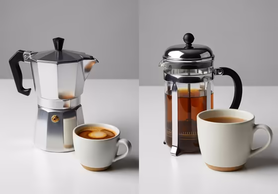 A moka pot and a French press brewer side-by-side, with a cup of coffee from each to show the difference in appearance.