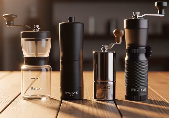 A lineup of popular hand coffee grinders including a Hario Skerton, Timemore C2, Porlex Mini, and 1Zpresso K-Max.