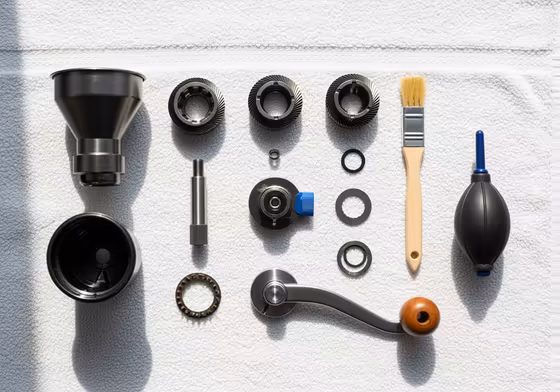 A disassembled hand grinder on a towel with cleaning tools like a brush and an air blower.