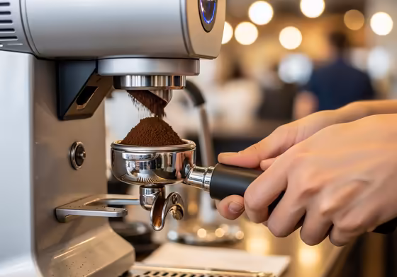 Close-up shot of a barista's hands dosing fresh coffee grounds from a high-end espresso grinder into a portafilter.