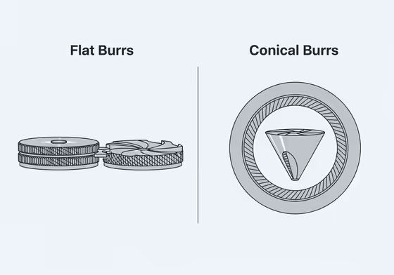 A clear diagram comparing the shapes of flat burrs and conical burrs used in coffee grinders.