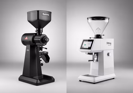 The iconic Mahlkönig EK43 grinder shown side-by-side with the modern Ditting 807 Lab Sweet grinder.