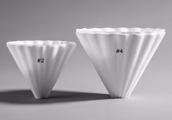 A #2 coffee filter placed next to a larger #4 coffee filter to show the size difference.