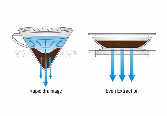 A diagram illustrating how water flows differently through a cone-shaped basket versus a flat-bottom basket.